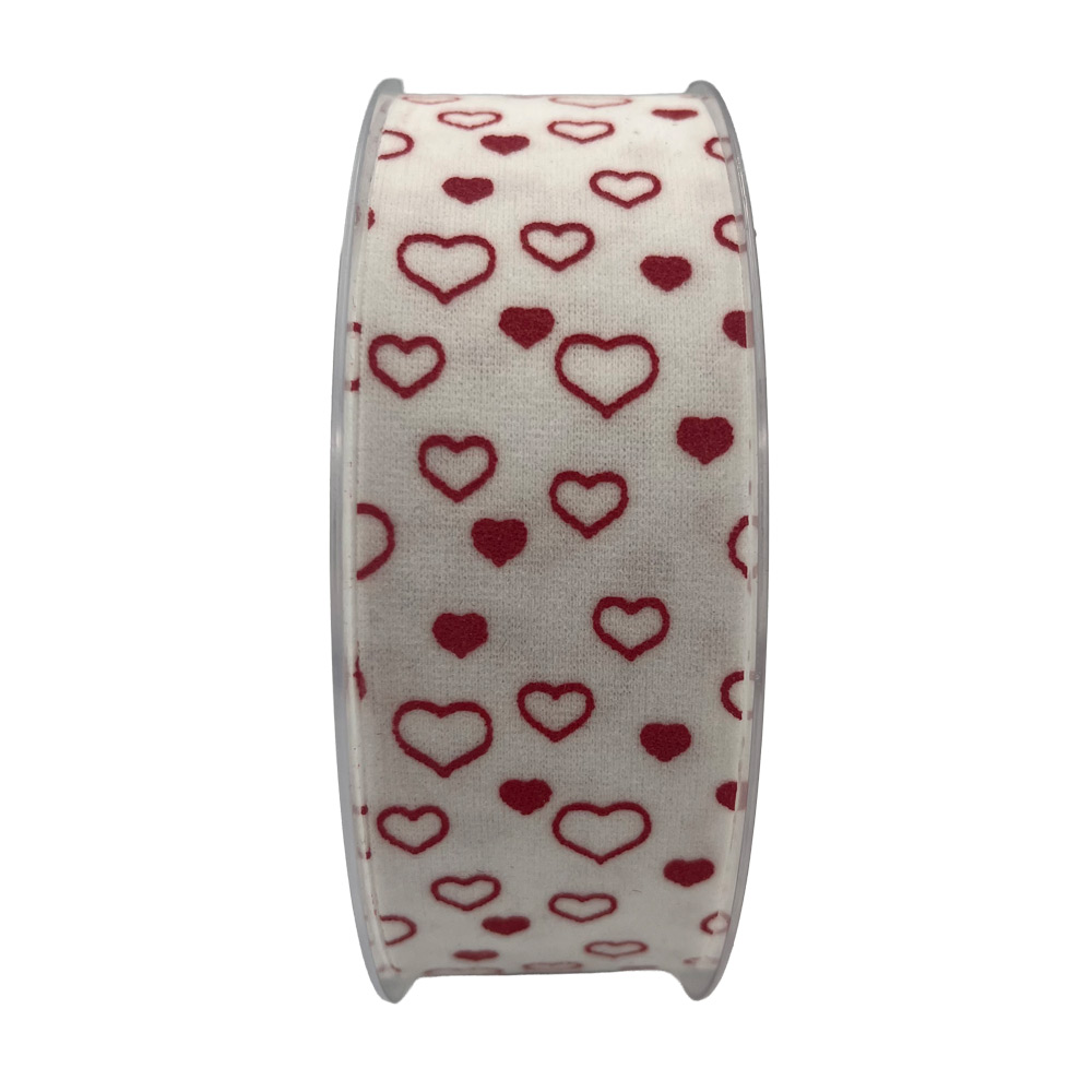 Žametni trak 40mm 15m - bel s srčki