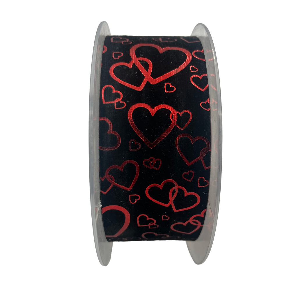 Žametni trak 40mm 10m - črn s srčki