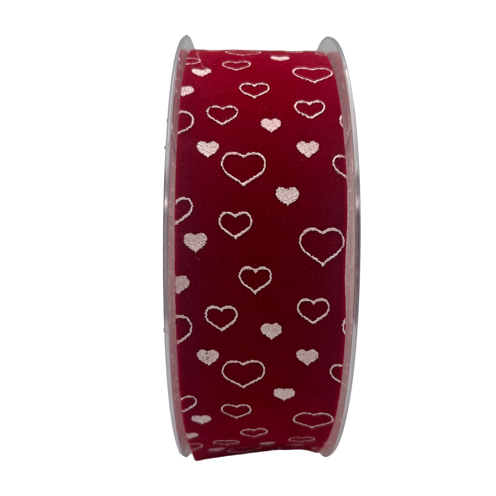 Žametni trak 40mm 15m - rdeč s srčki
