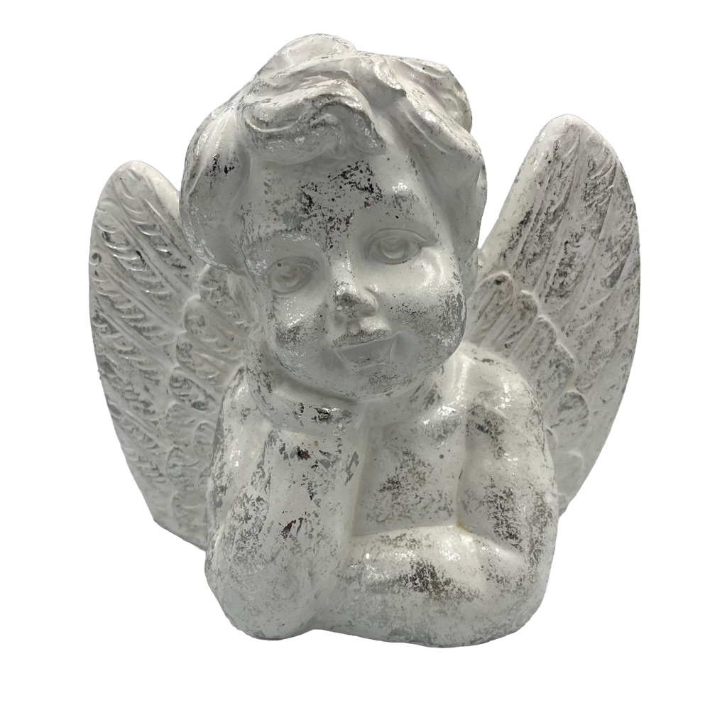 Angelček naslonjen belo srebrn 25 x 13 x 23 cm